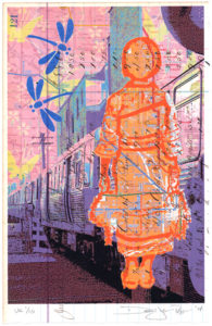 There And Back Again, digital print on ledger by Debra Yepa-Pappan
