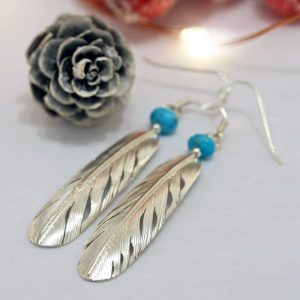 Silver & Turquoise Feather Earrings by Harvey Chavez