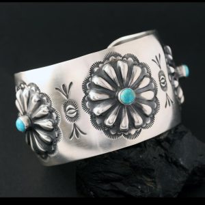 Turquoise & silver repoussé cuff bracelet by Jennifer Medina, Kewa Pueblo