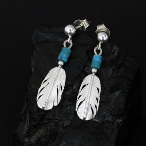 Little feather earrings with turquoise heishi