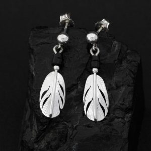 silver feather earrings with jet heishi beads