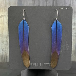 Pat Pruitt Feather Earrings, large, blue & gold