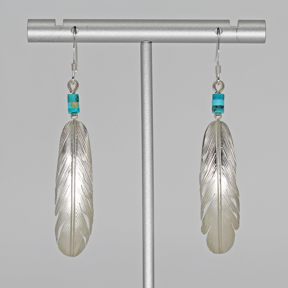 Silver & turquoise feather earrings by Harvey Chavez