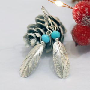 Silver & Turquoise Feather Earrings by Harvey Chavez