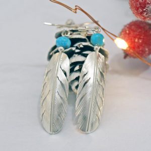 Silver & Turquoise Feather Earrings by Harvey Chavez