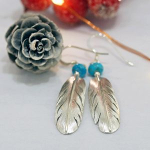 Silver & Turquoise Feather Earrings by Harvey Chavez