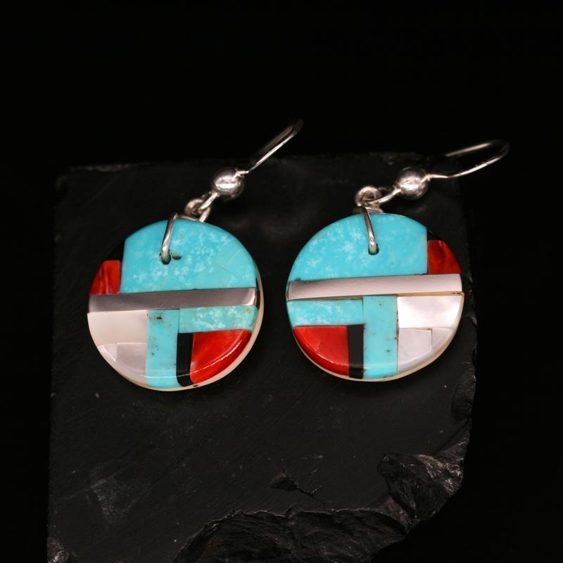 Round Turquoise & Coral Inlay Earrings by Stephanie Medina
