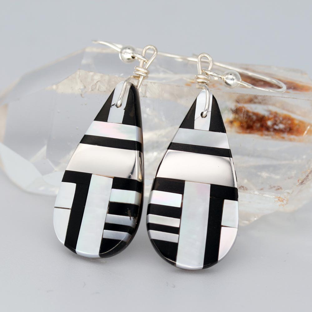 Jet & Mother of Pearl Drop Earrings by S & T Medina, Kewa Pueblo