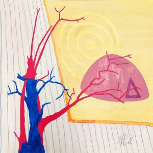 Traces, acrylic on paper by Rick Grimster, Mvskoke.